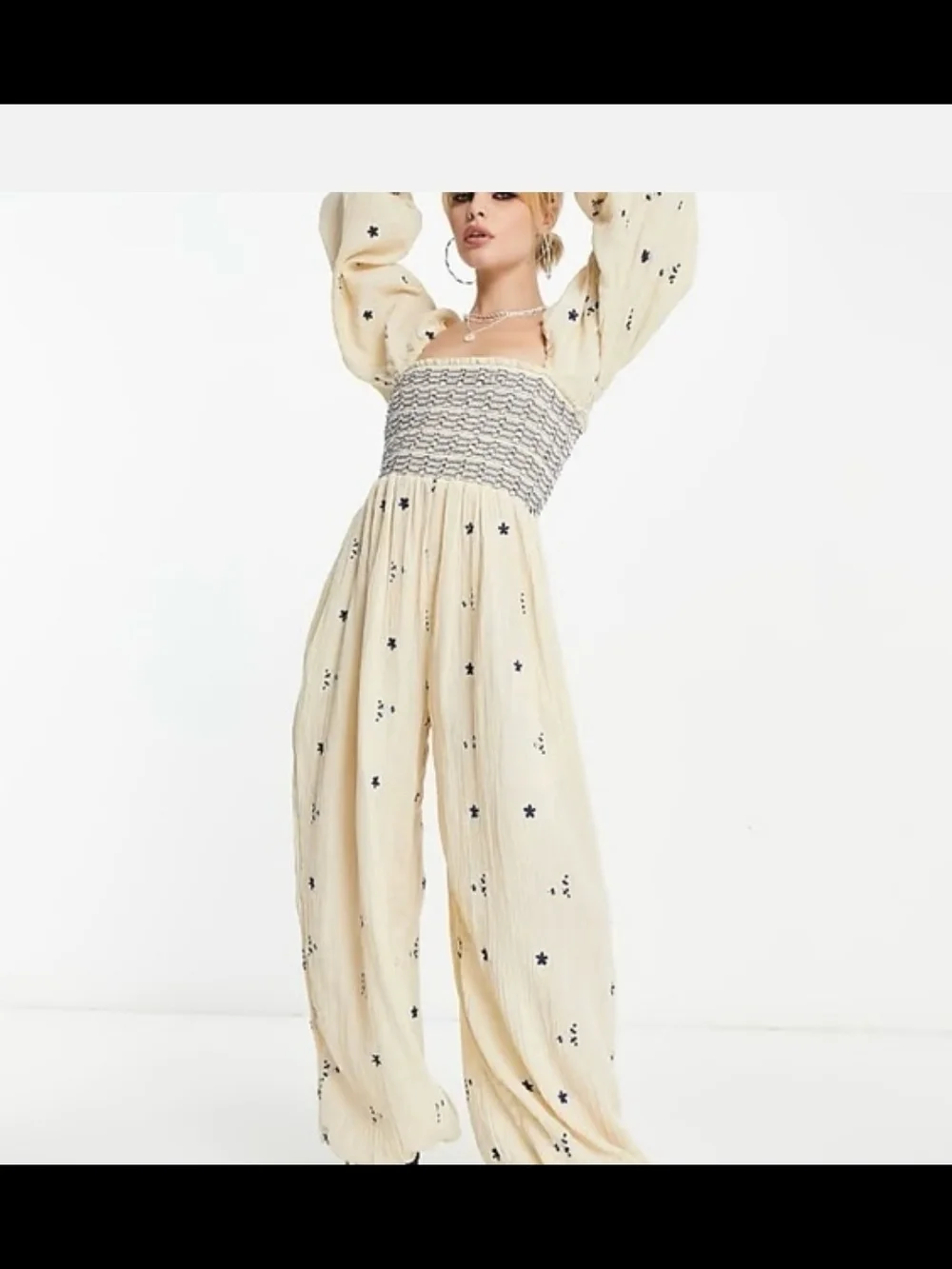 Free People Dahlia Cream Smocked Jumpsuit, Ankle Ties. Medium Cute And Sexy